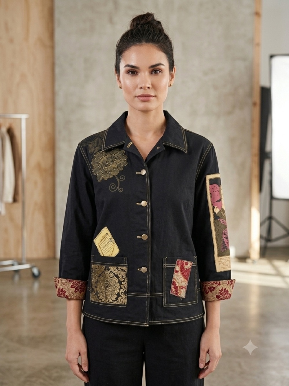 Faith Artsy Patchwork Beaded Embroidered Black Jacket Medium
